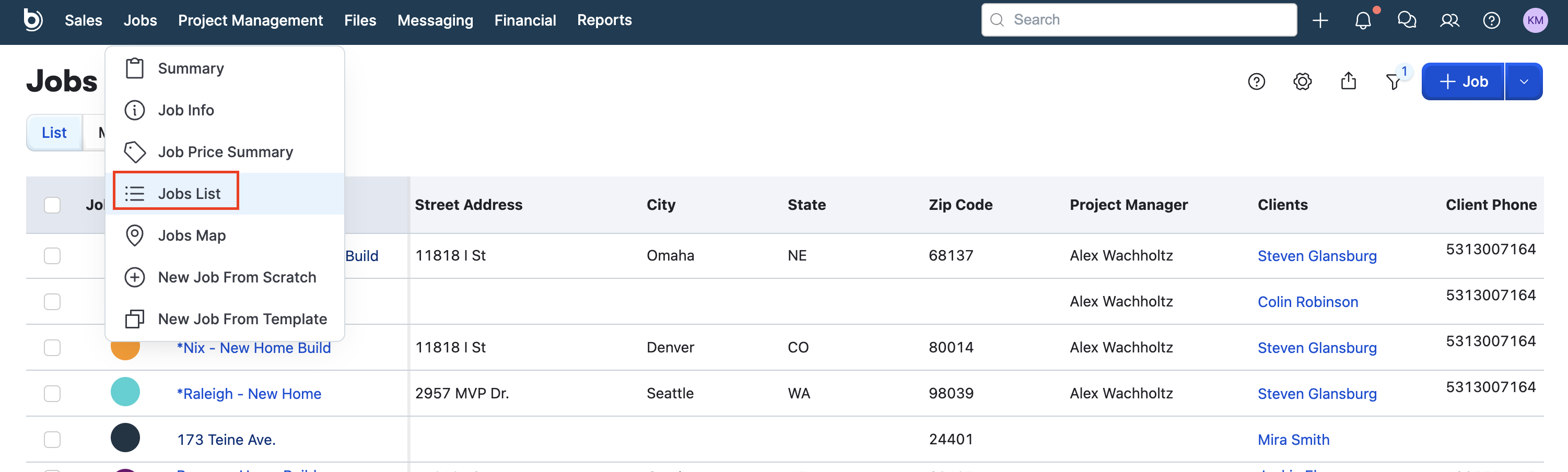Buildertrend Jobs list displaying projects in a wide table with status colors, addresses, project managers, and client columns.