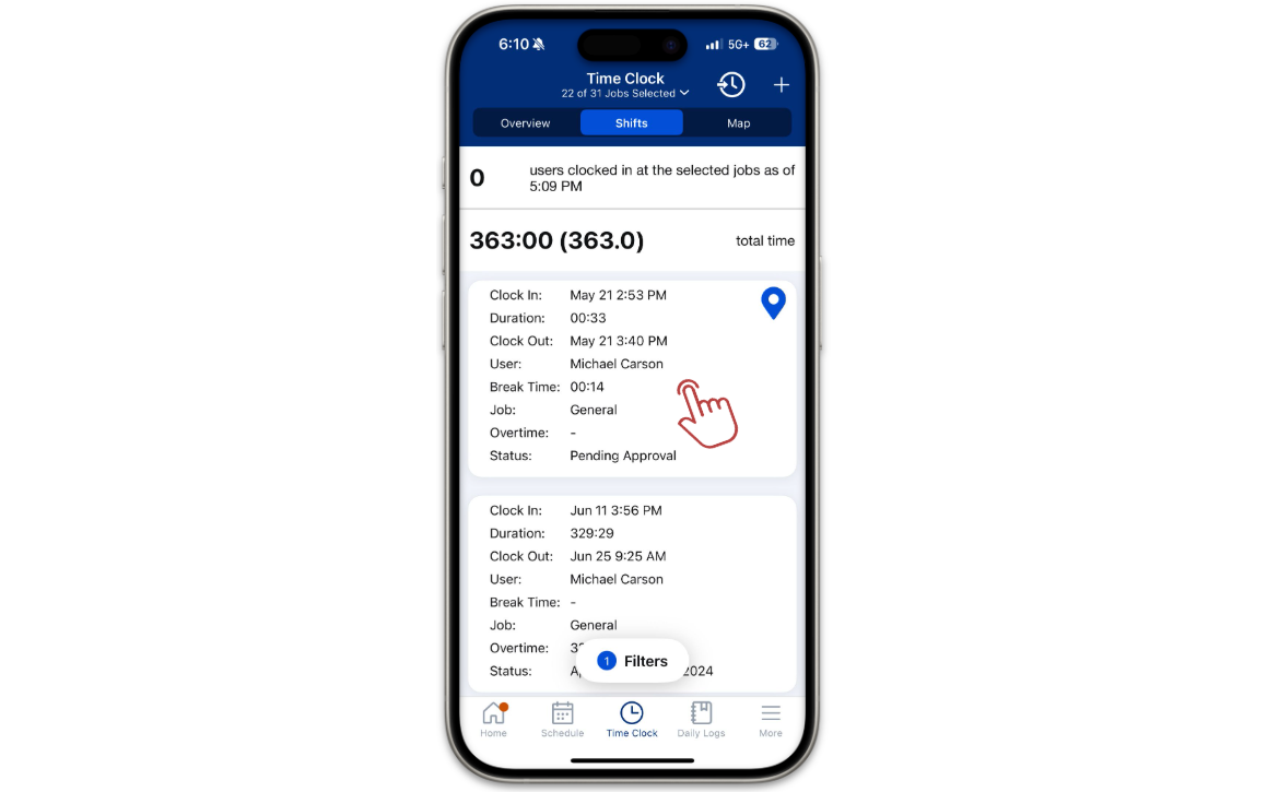 Buildertrend&rsquo;s mobile Time Clock shift list showing 2 shifts for the same user. The second runs from 11 June to 25 June with a duration of 329:29 and no break time recorded.