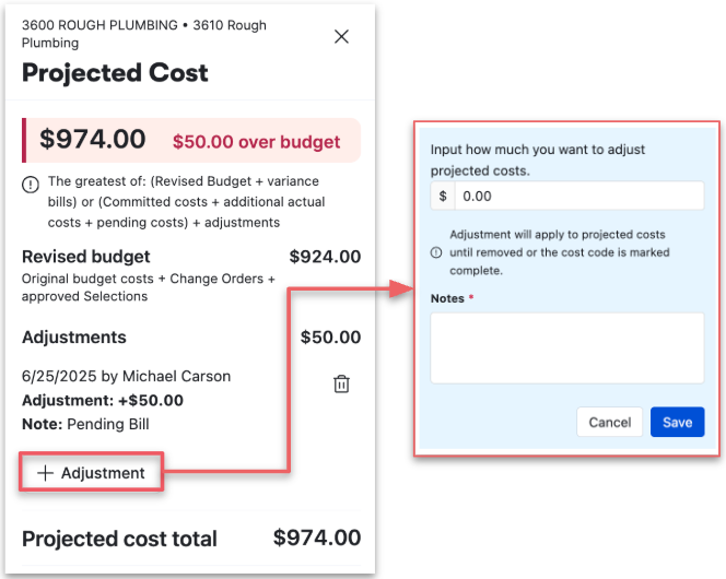 Buildertrend&rsquo;s Projected Cost panel showing a plumbing cost $50 over budget and a form for recording an adjustment and note.
