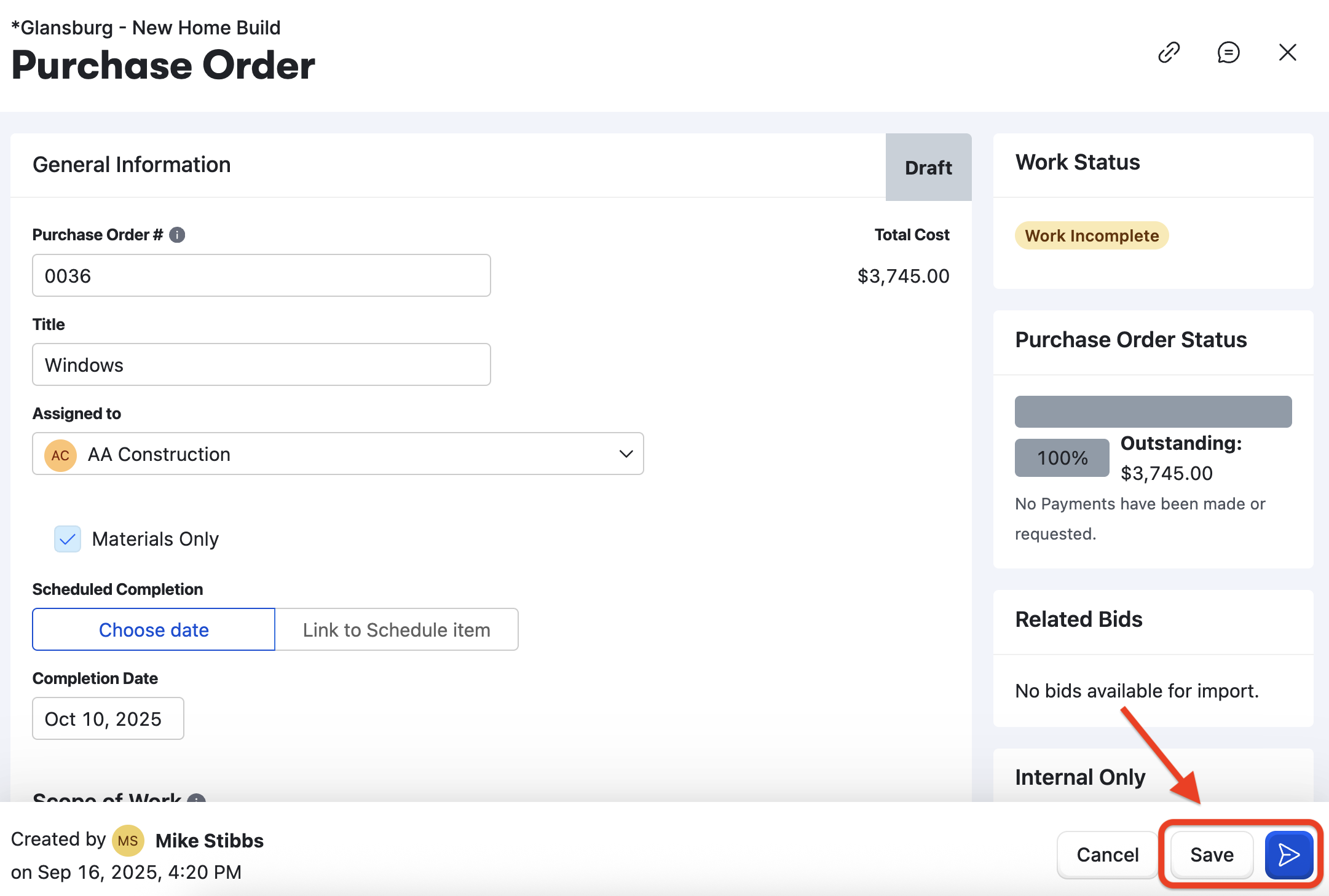 Buildertrend Purchase Order form with assigned vendor, total cost, completion date, work status, and Save and Send controls.