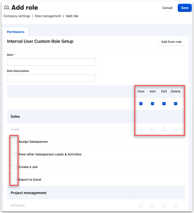 Buildertrend Add Role form with View, Add, Edit, and Delete permission checkboxes for Sales and Project Management features, such as Assign Salesperson, Create a Job, etc.