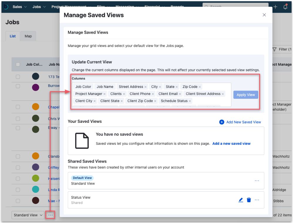 Buildertrend Jobs list with the Manage Saved Views panel open, including the option to update a current view by changing selections, such as Job Color, Job Name, Street Address, Clients, etc., and viewing other personal and shared views.