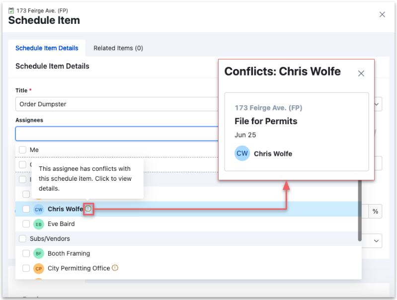 Buildertrend schedule-item assignee picker with a warning icon beside an assignee and a conflicts panel naming their overlapping schedule item.