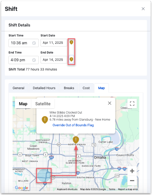 Buildertrend showing an employee&rsquo;s clock-in and clock-out time and dates, and a shift map with clock-in and clock-out pins, a blue geofence radius, and an out-of-bounds location marker.