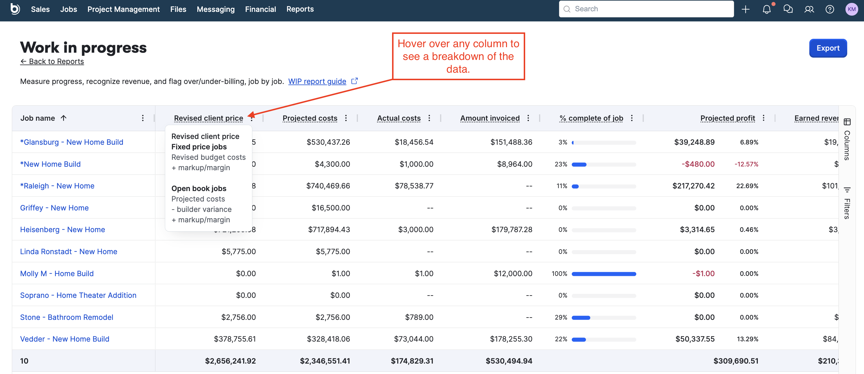 Buildertrend Work in Progress report listing several jobs with contract amounts, estimated costs, billed amounts, completion percentages, and projected profits.