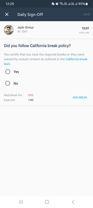 Screenshot showing the daily sign-off form.