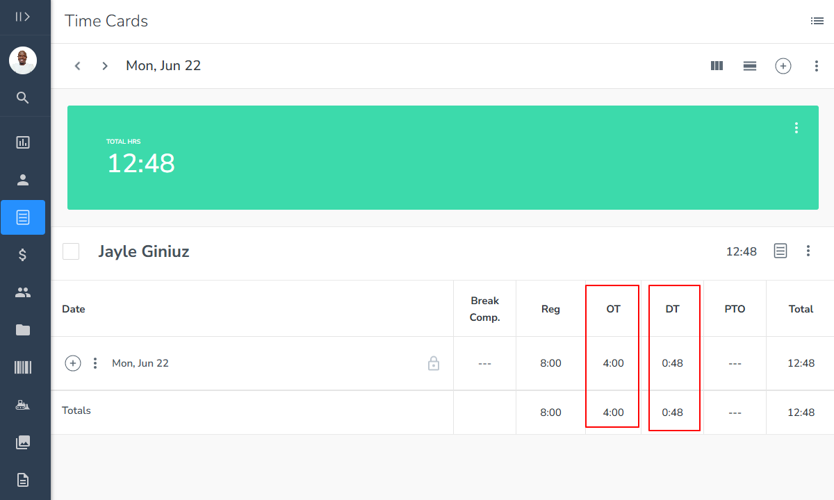 Screenshot showing busybusy timesheet with overtime.