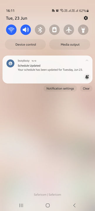 Screenshot showing busybusy's schedule notification.