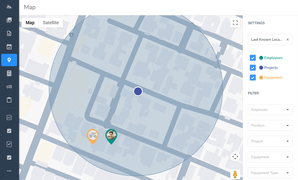 Screenshot showing employee, project, and equipment location.