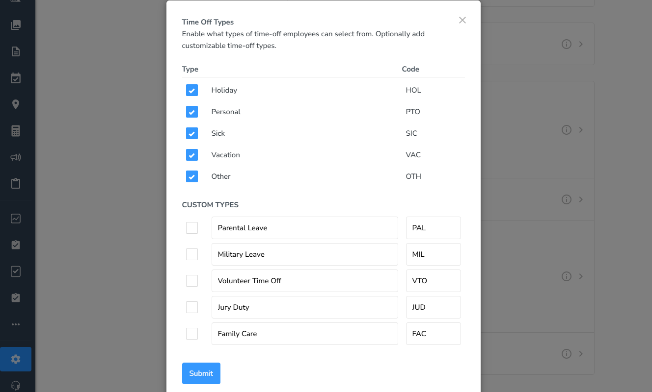 Screenshot showing busybusy PTO settings page.