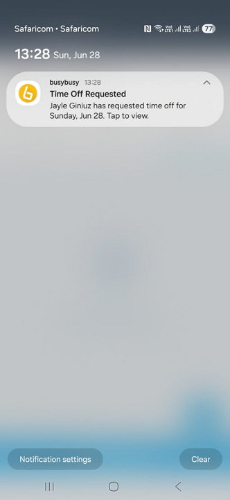 Screenshot showing busybusy's time off notification.