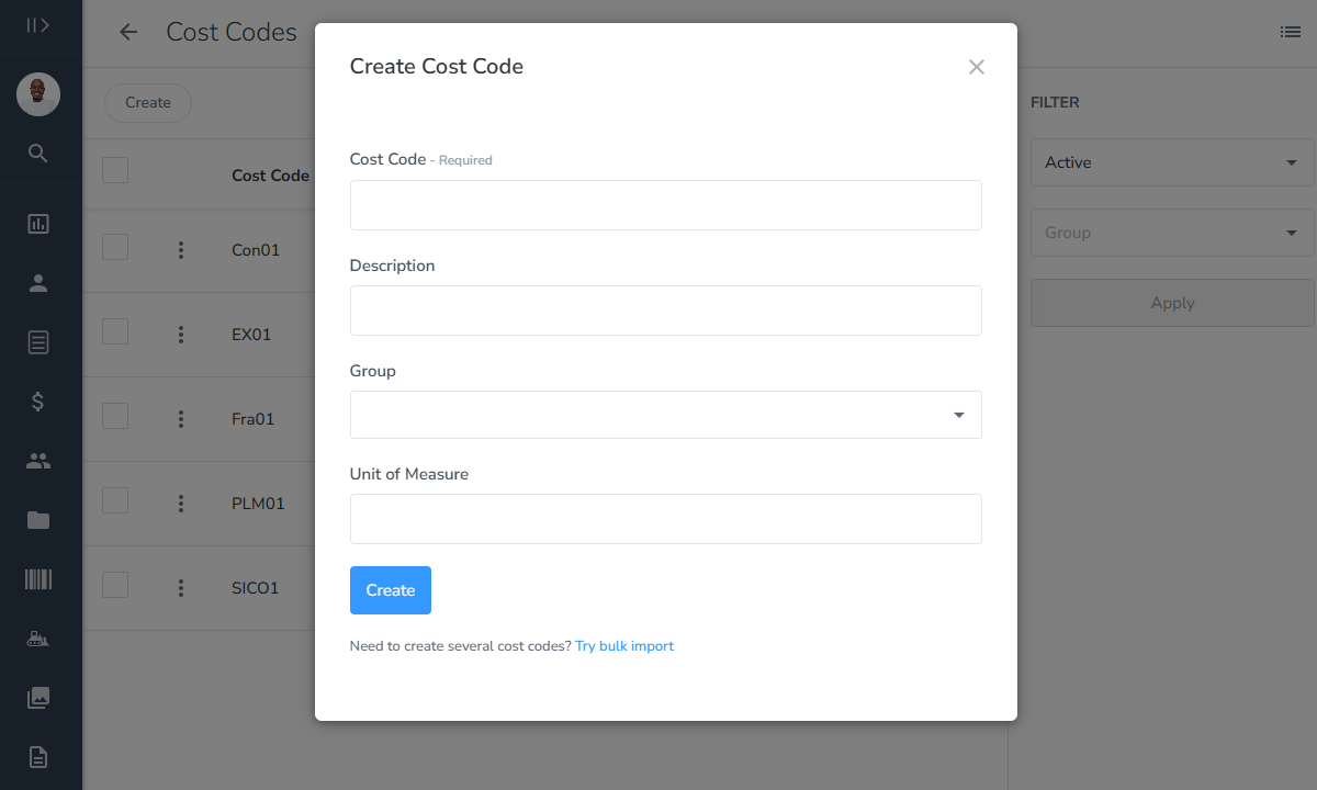 Screenshot showing busybusy's cost code page.