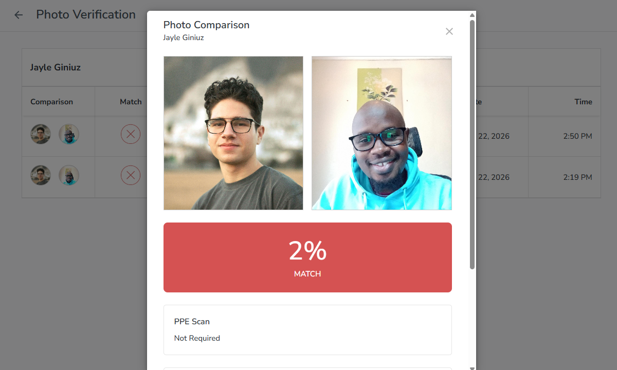 Screenshot showing the photo verification match percentage.