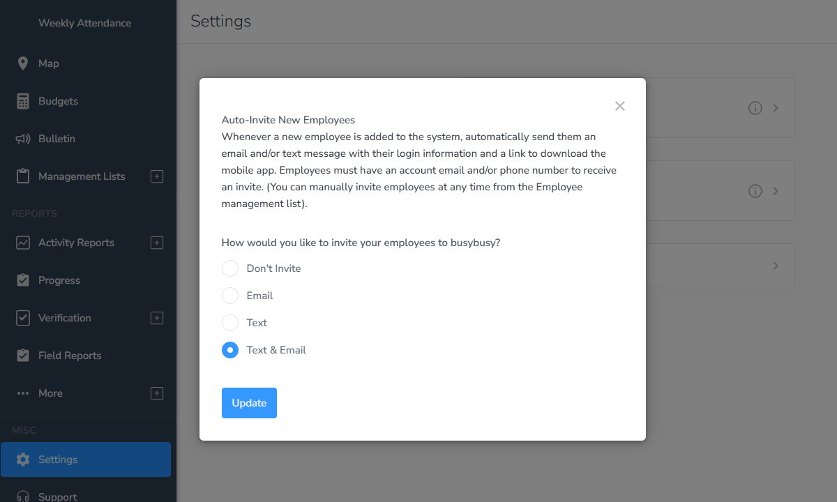 Screenshot showing busybusy's employee auto-invite option.