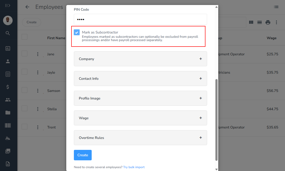 Screenshot showing busybusy's subcontractor option.