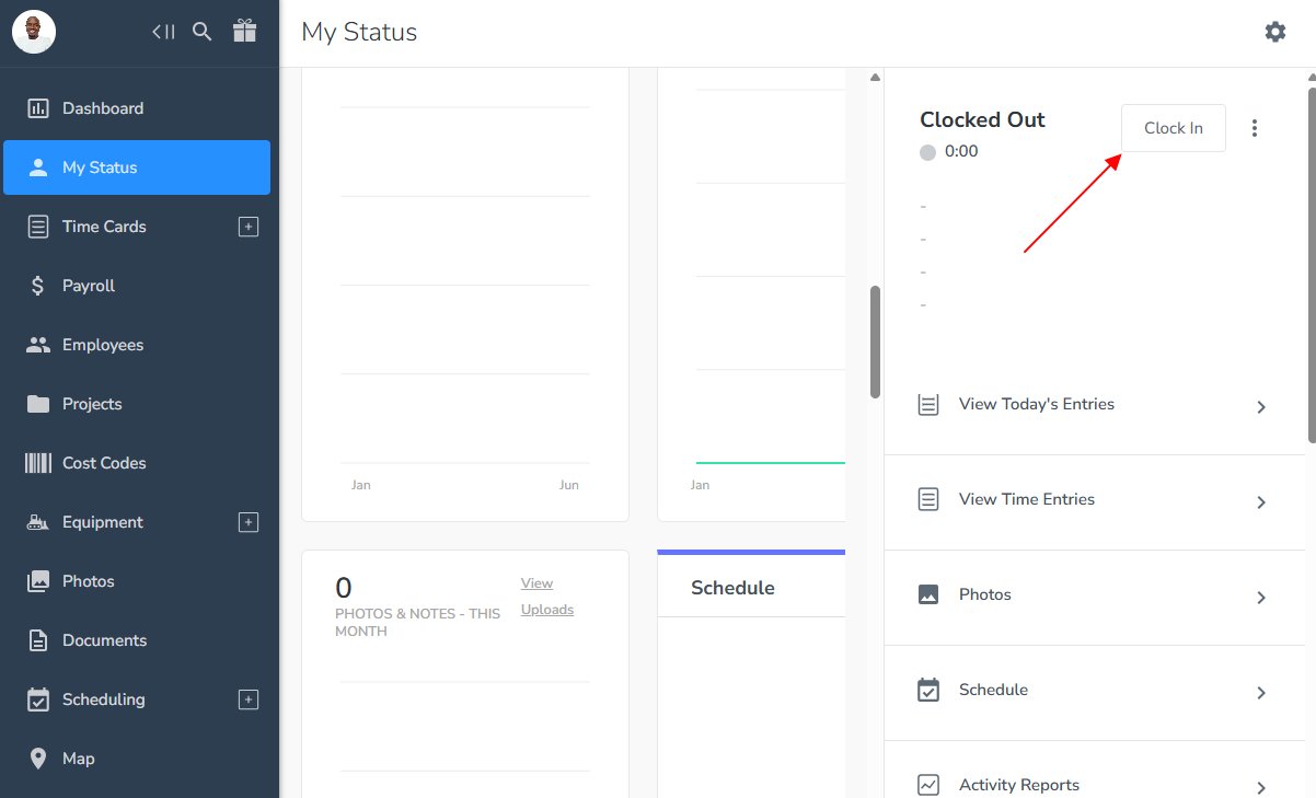 Screenshot showing busybusy's clock-in button.