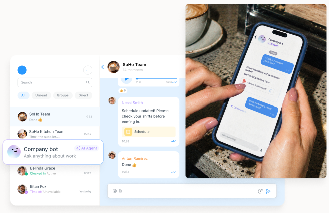 Connecteam Chat on a desktop screen and on a smartphone held by an employee.