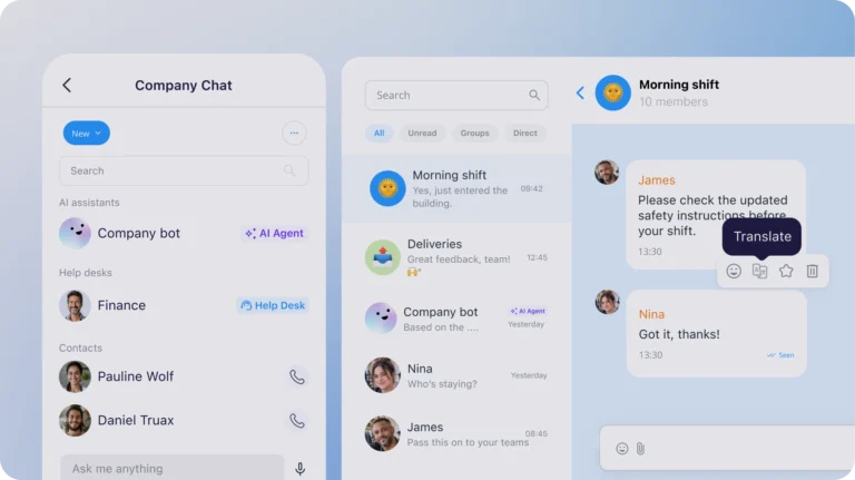 Connecteam Chat app showing a company chat, a conversation list and a message with a translate option.