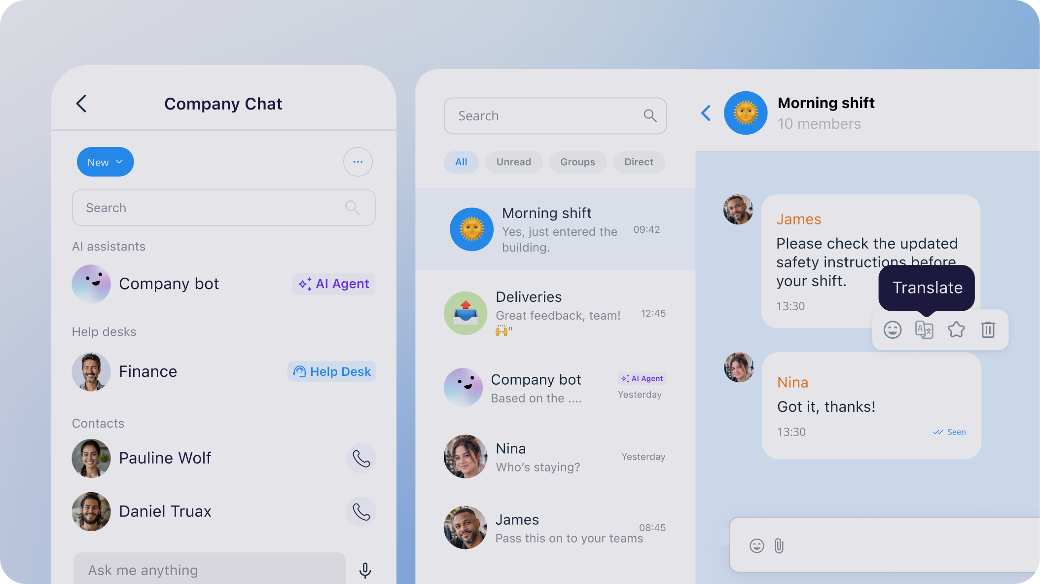 Connecteam Chat app showing a company chat, a conversation list and a message with a translate option.