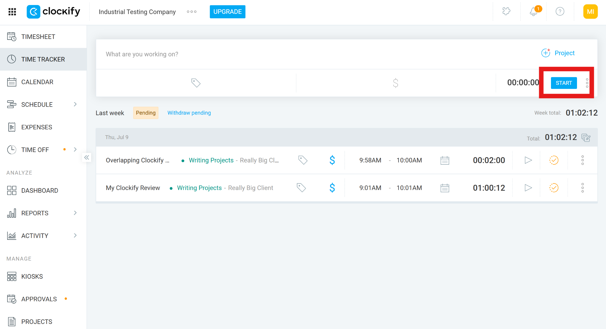 Clockify&rsquo;s web-based time tracker showing several time entries and a Start button to begin tracking a new entry.