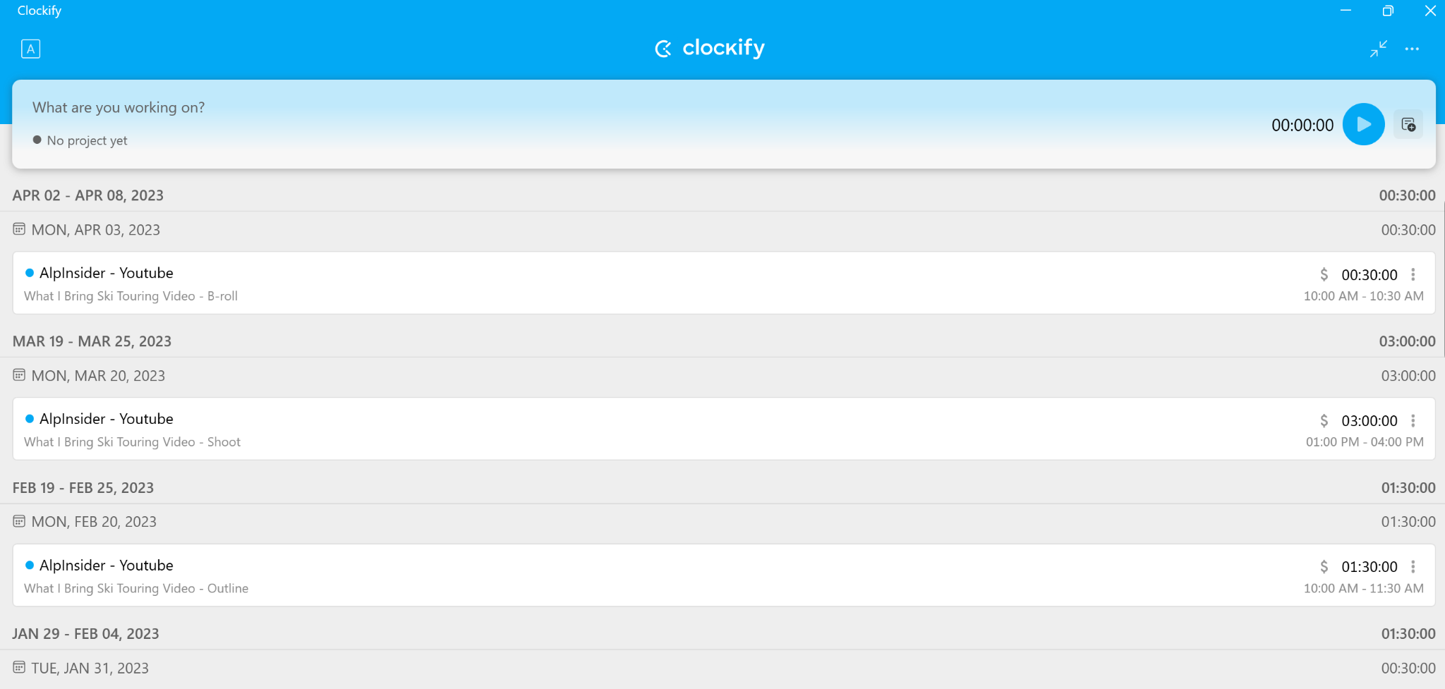 The Clockify desktop app showing several tracked time entries, including dates, work descriptions, and project names. There&rsquo;s a play button to start tracking a new entry in the top right corner.