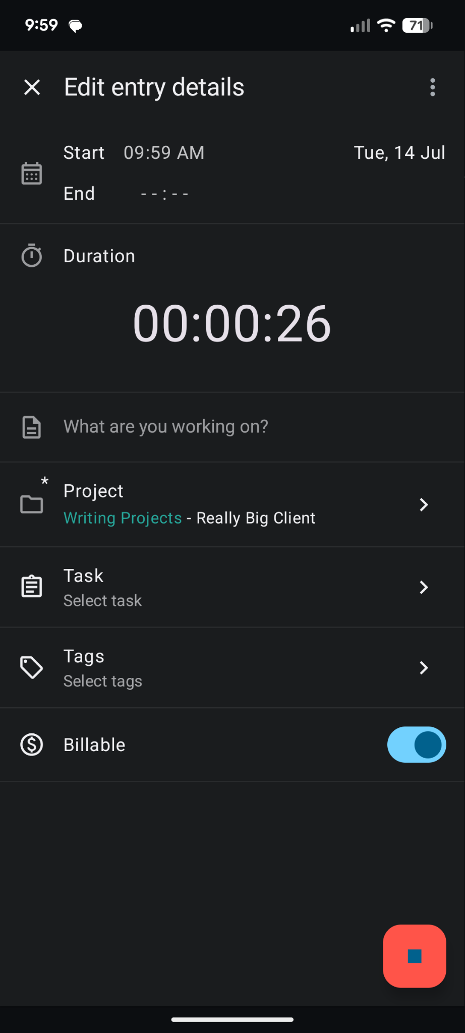 Tracking time with the Clockify mobile app. The time clock shows the entry&rsquo;s start time, duration, and project. It also lets you select tags and mark the entry as billable.
