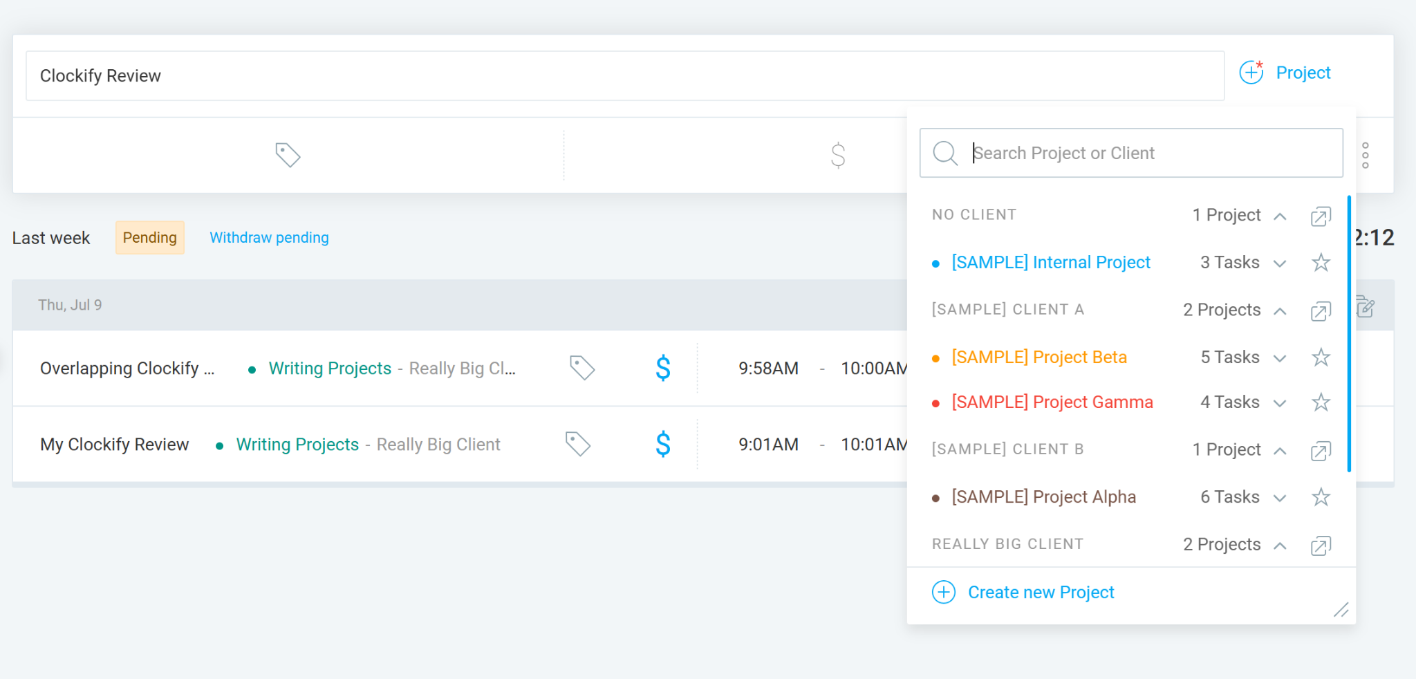 Clockify&rsquo;s time tracker showing a dropdown menu of projects and clients available to track time against.
