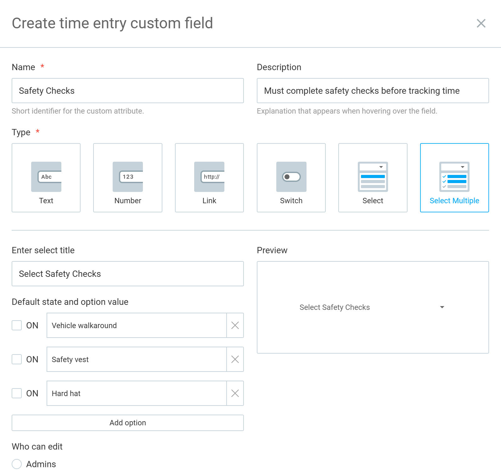 A menu for creating custom time entry fields in Clockify. The menu shows options for text, number, and multiple selection fields.