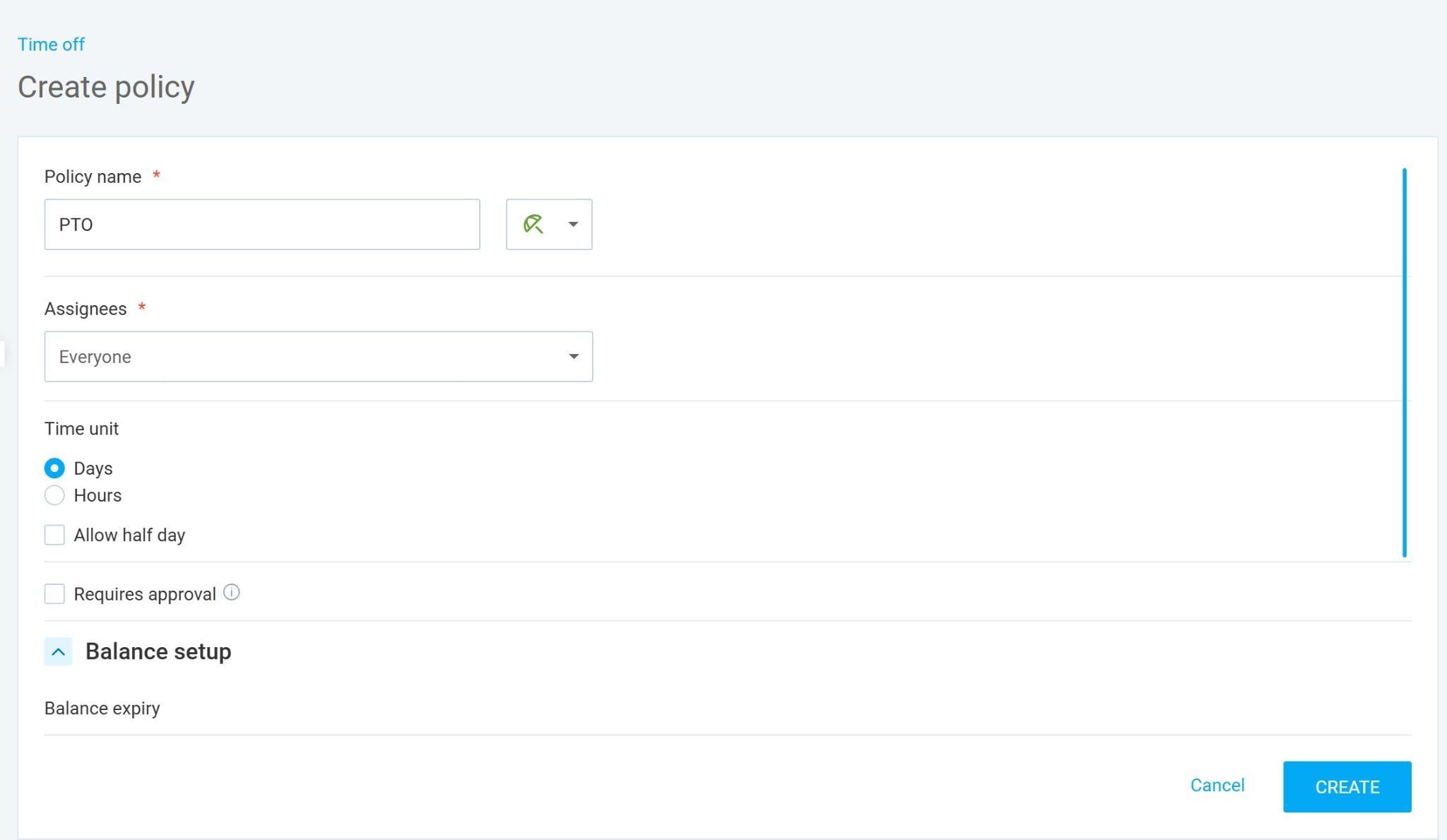 Menu for creating a new time off policy in Clockify showing the policy name, who it applies to, the time unit (e.g., days or hours), whether half days are permitted, and whether or not it requires approval.