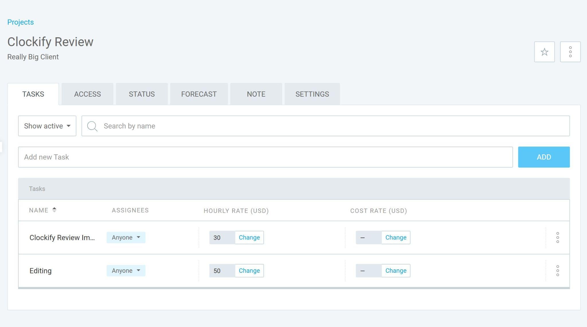 The project dashboard in Clockify showing several tasks associated with a project. There are tabs for tasks, access, status, forecast, note, and settings, and a button to add a new task.