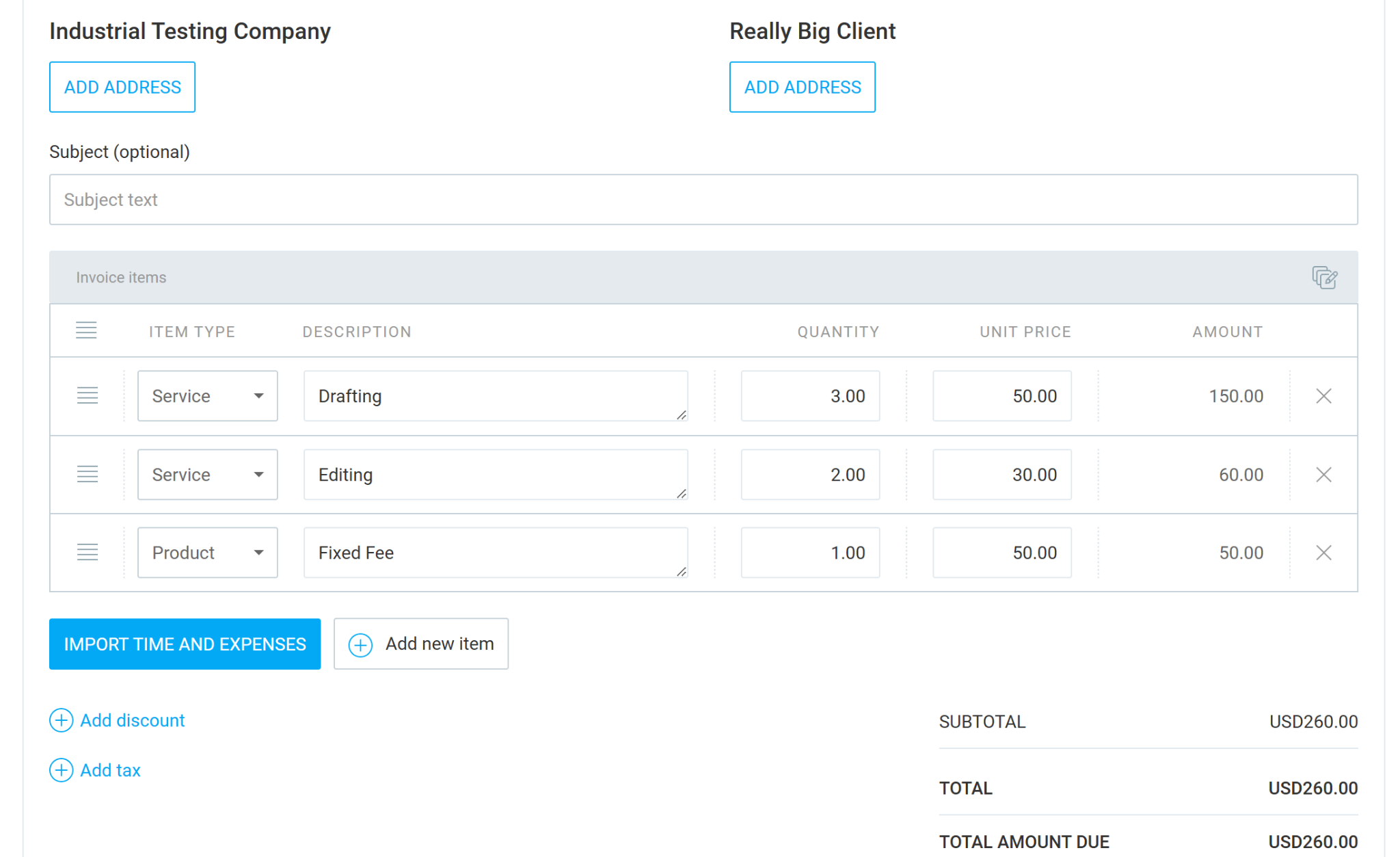 An invoice in Clockify showing several services and products, their respective rates, and the total to be billed. There are buttons to import time and expenses, add new line items, and add discounts or taxes.