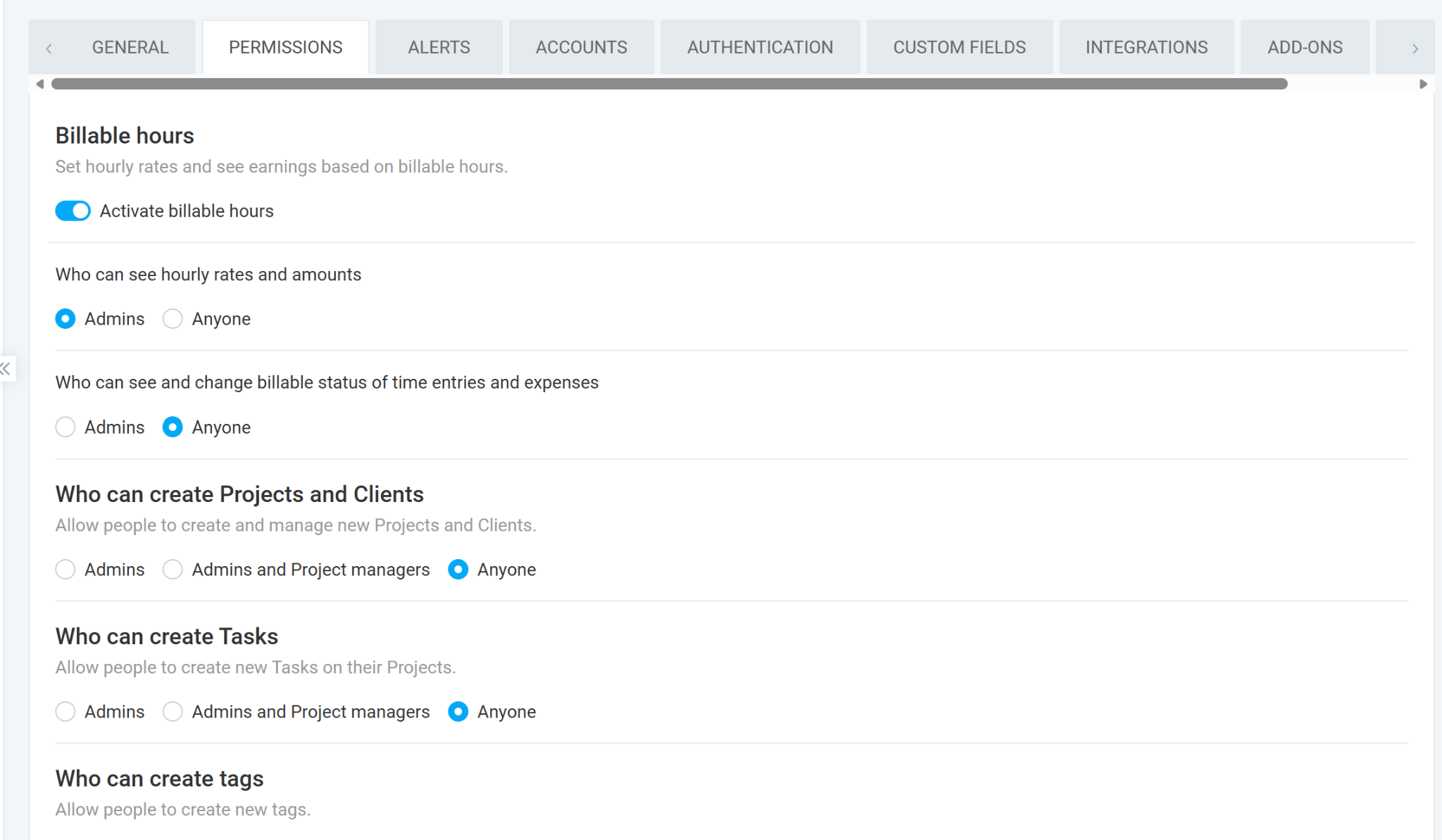 The permissions menu in Clockify with settings for who can create and edit projects, tasks, and tags, and who can see hourly rates and amounts.