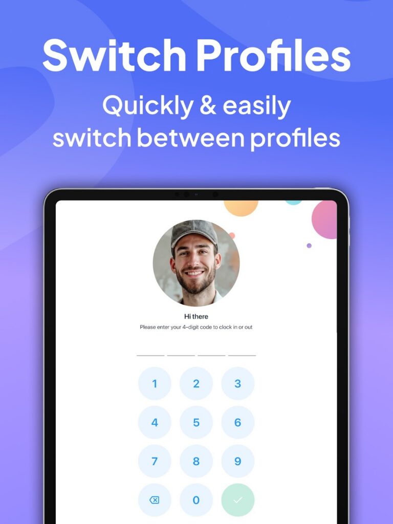 Connecteam kiosk PIN login screen allowing employees to quickly switch profiles and securely clock in or out.