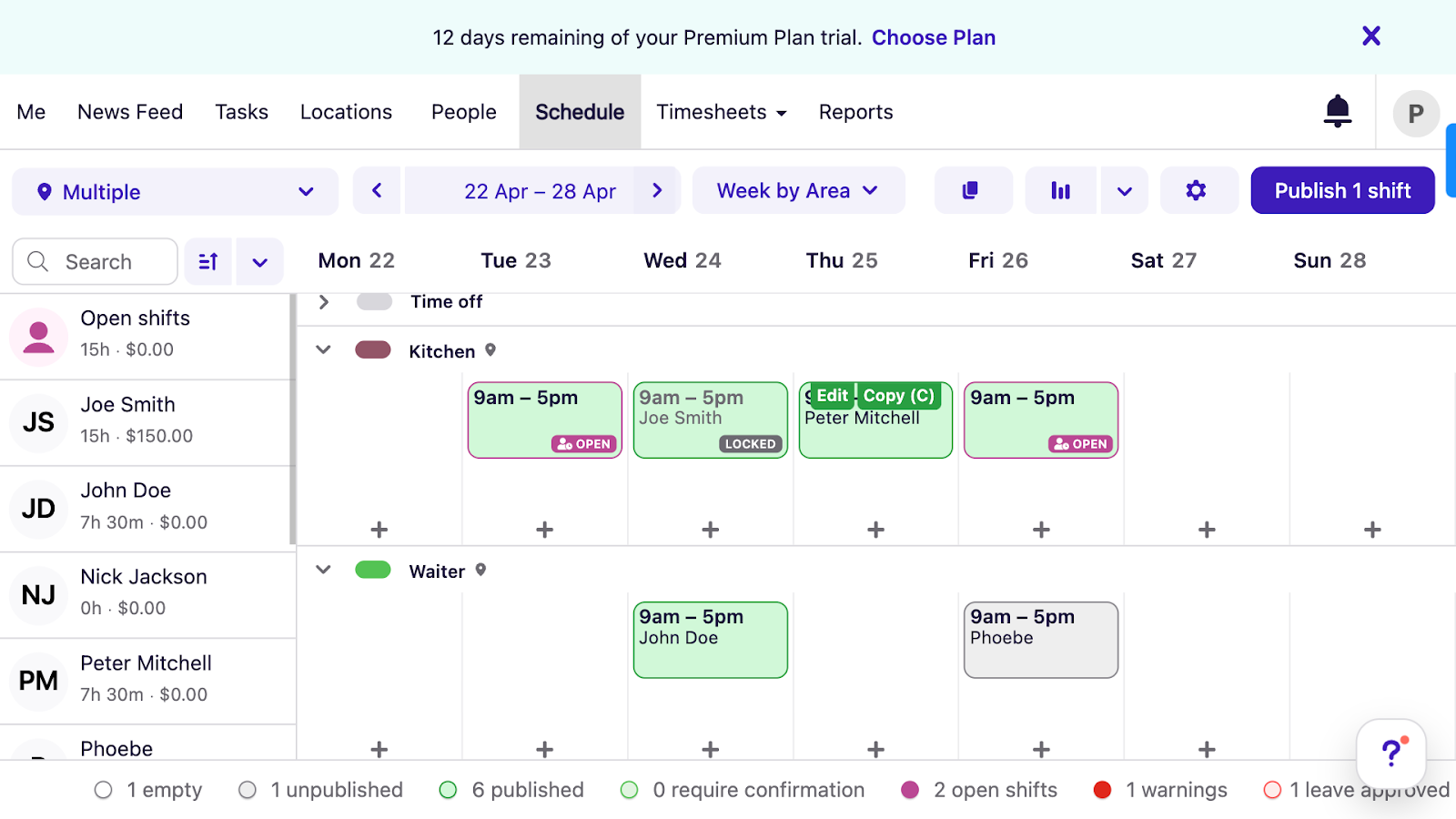 A screenshot of Deputy&rsquo;s scheduler displaying weekly shifts assigned to staff members across different roles, such as waiters or kitchen staff. You can see color-coded shift types (such as published or open), approved leave, and conflict warnings.