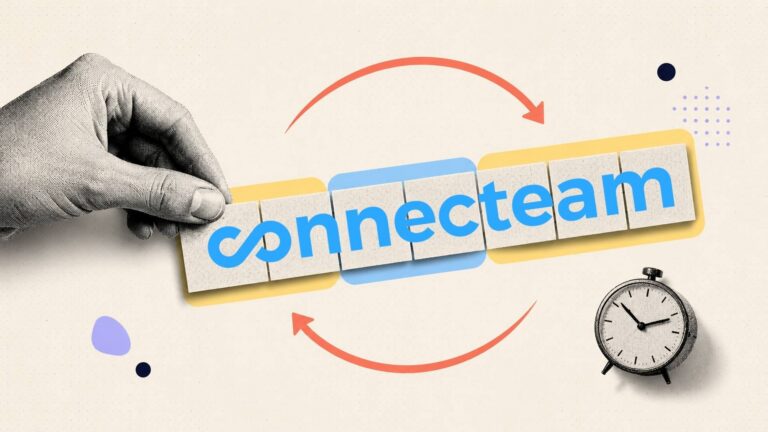 Illustration showing a hand arranging schedule tiles with the Connecteam logo