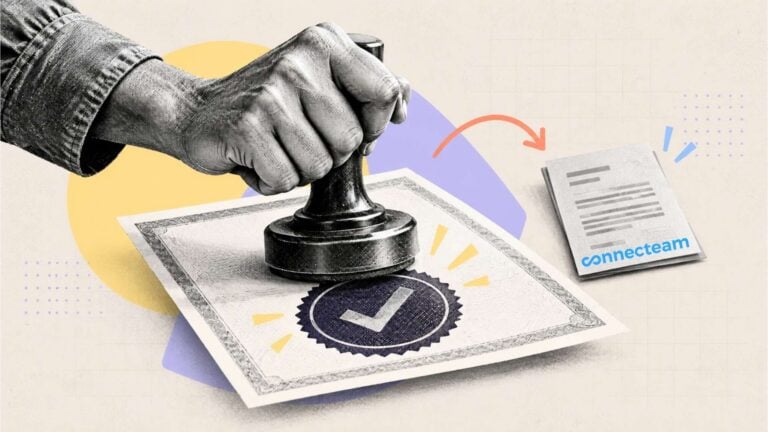 Black-and-white halftone hand stamping a certificate with an approval checkmark, alongside a smaller plain document with the Connecteam logo, illustrating CPEO certification and the difference between a certified PEO and a standard PEO.