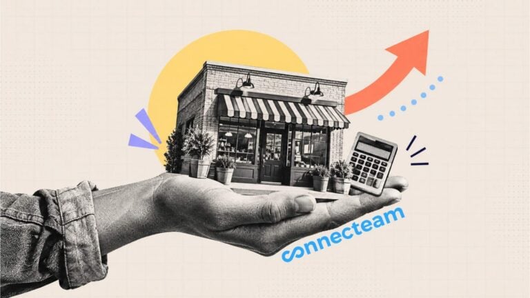 Black-and-white halftone illustration of a small storefront and calculator resting on an outstretched hand above the Connecteam logo, with a colorful upward arrow symbolizing small business growth and PEO support.