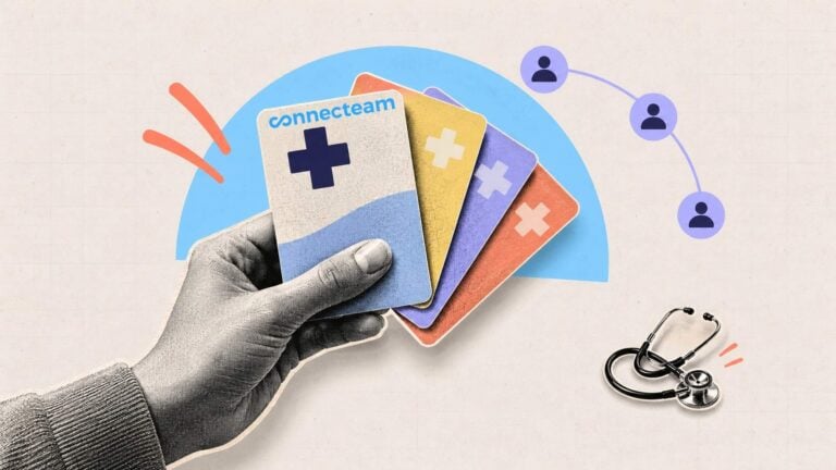 A hand holding multiple health insurance cards, with a stethoscope and connected employee icons representing PEO group health coverage.