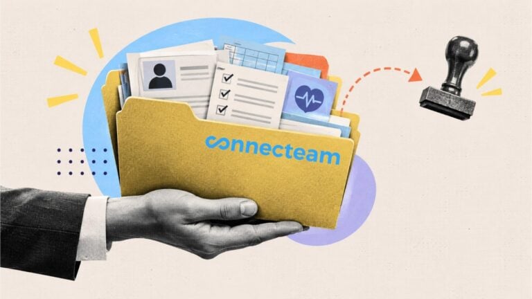 Illustration of a hand holding a folder filled with HR documents, employee records, and benefits paperwork, with a rubber stamp and colorful accents symbolizing PEO HR services and administrative support, with the Connecteam logo.