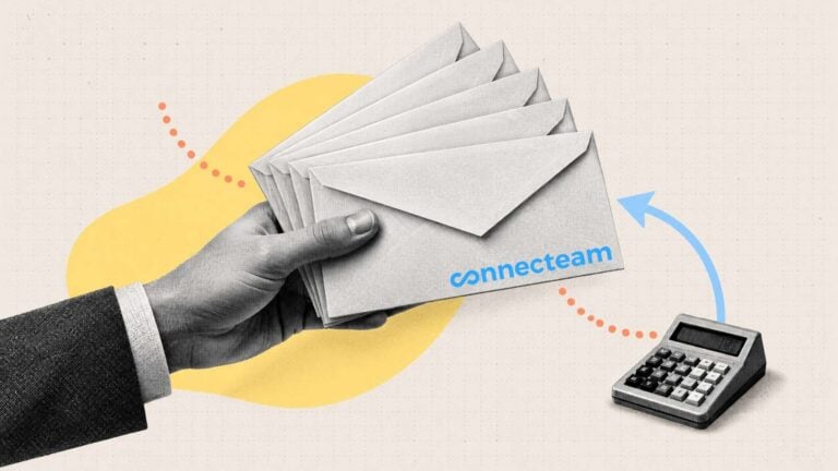 A black-and-white halftone hand holding a fan of payroll envelopes with the Connecteam logo, with a calculator, blue arrow, and colorful accents illustrating PEO payroll processing.