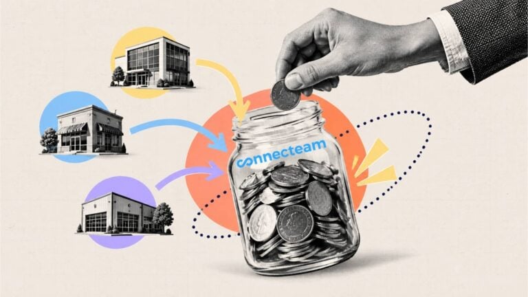 Black-and-white halftone hand dropping a coin into a savings jar with the Connecteam logo, with arrows from three businesses symbolizing shared PEO 401(k) retirement plans.