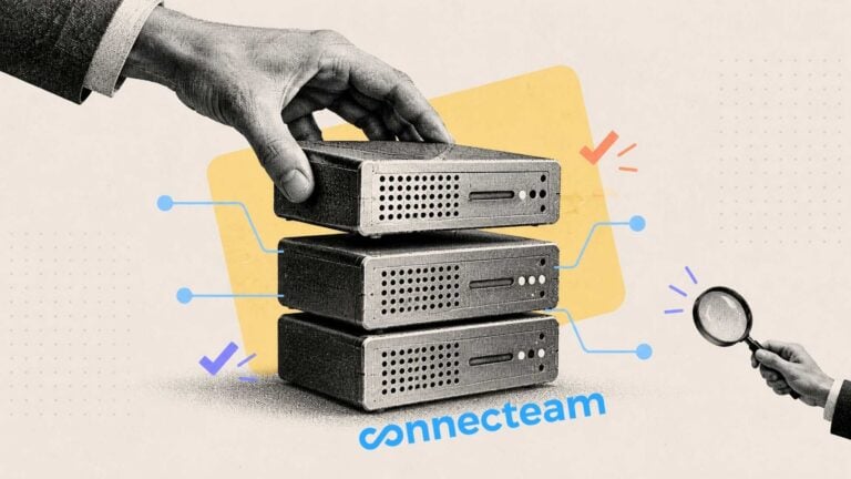 Black-and-white halftone hand stacking server modules beside a magnifying glass, with colorful connector lines and geometric accents representing a PEO software technology stack and evaluation process.