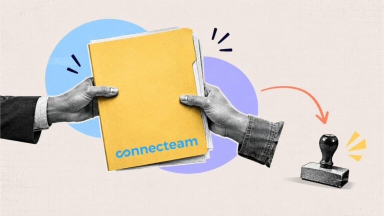 Black-and-white halftone hands holding a yellow folder bearing the Connecteam logo, with a rubber stamp to the right, illustrating the differences between PEO and ASO services.