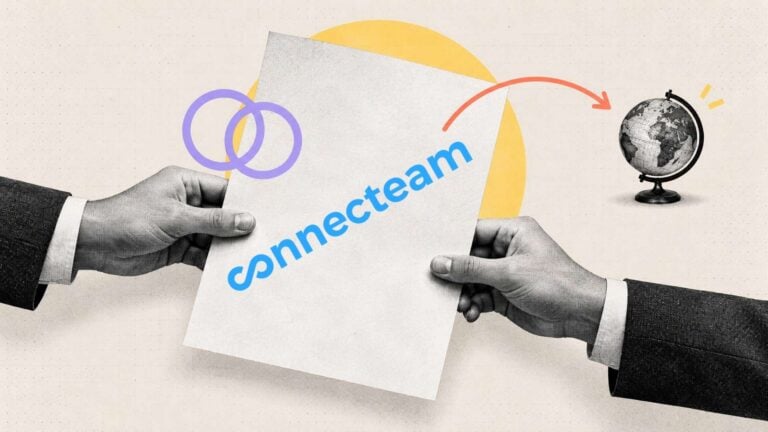 Black-and-white halftone hands holding a shared employment document, with overlapping rings symbolizing PEO responsibilities and an arrow pointing to a globe representing EOR international expansion.