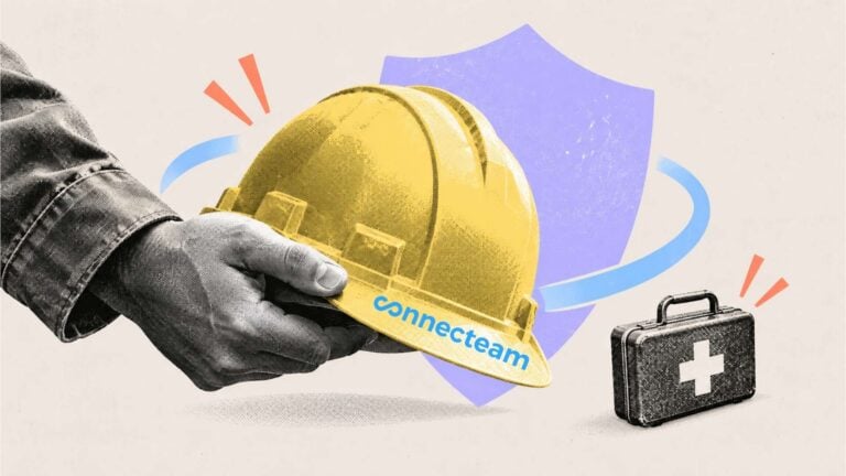 A worker’s hand holding a yellow hard hat in front of a purple protective shield, with a first-aid kit nearby, illustrating PEO workers’ compensation coverage.