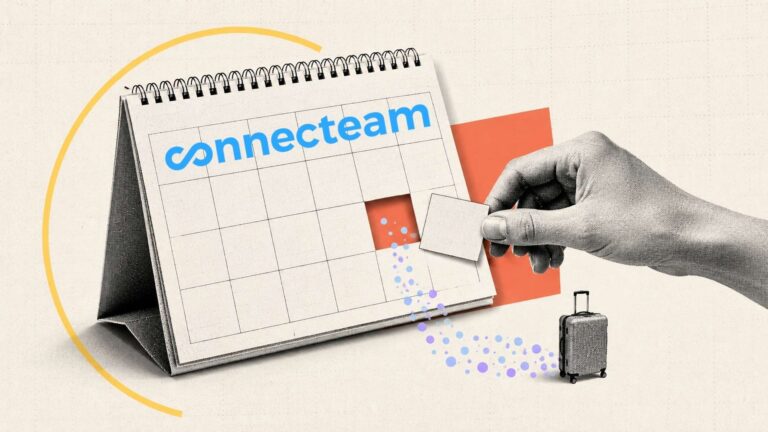 Black-and-white halftone hand removing a square from a blank calendar, with a small suitcase and colorful data-inspired accents representing PTO statistics, with the Connecteam logo.