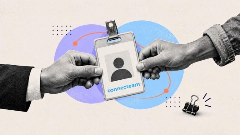 Two hands jointly holding an employee ID badge with the Connecteam logo, symbolizing shared employer responsibilities in a co-employment arrangement, with overlapping blue and purple circles in the background.