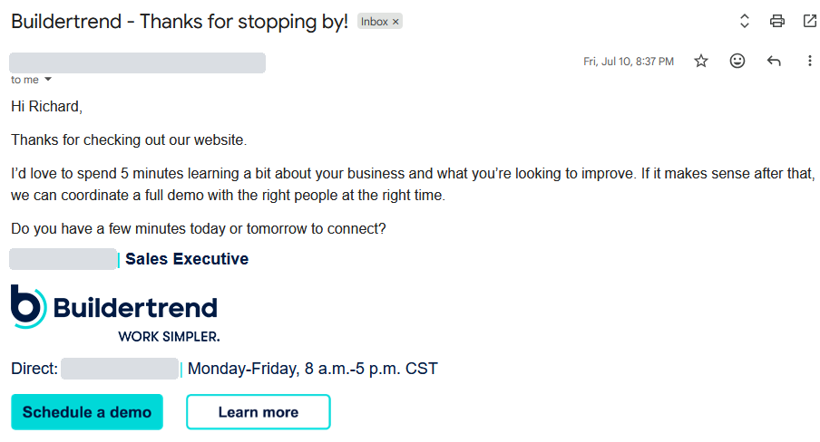 Email from a Buildertrend sales executive asking for 5 minutes to learn about the business before coordinating a full demonstration.