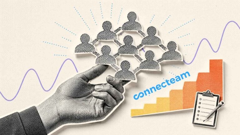 Black-and-white halftone hand holding a connected network of employee icons, with rising bar graphics, a survey clipboard, dotted accents, and a wavy data line on a light textured background, with the Connecteam logo.
