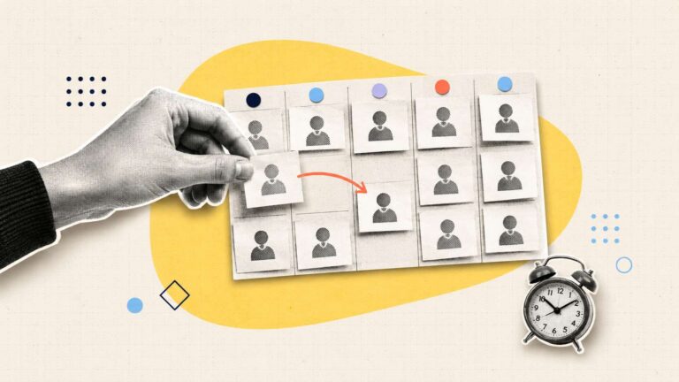 A collage of a hand moving items on an employee schedule